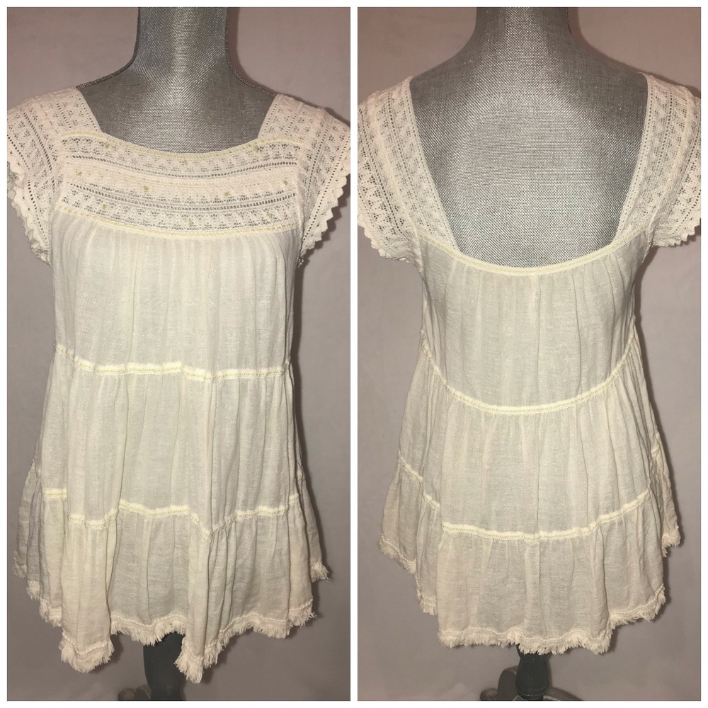 Free People Cream Linen Crochet Lace Tiered Top
